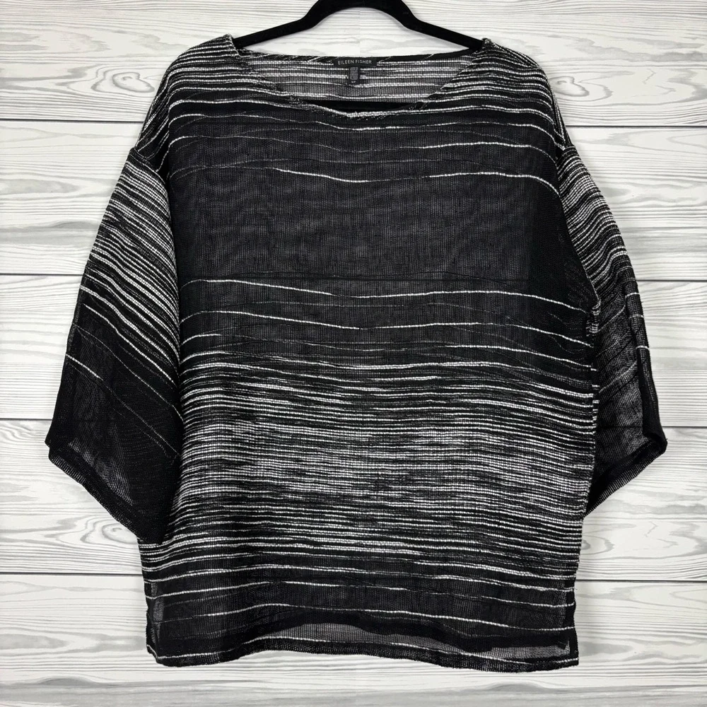 Eileen Fisher Organic Linen Blend Illusion Mesh Blouse Size Small Black - Picture 3 of 7